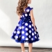 Платье для девочки нарядное БУШОН ST20, стиляги цвет синий, синий пояс, принт горох белый