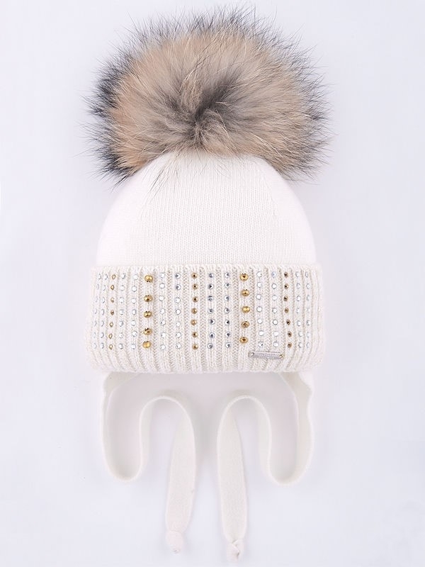 Шапка для девочки Сабина, Миалт белый/золотой, зима - Шапки с меховым помпоном