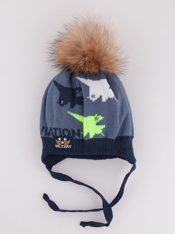 Шапка для мальчика Стрижи, Миалт темно-синий/серый - С меховым помпоном