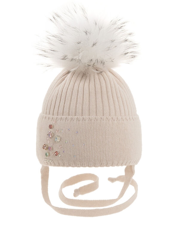Шапка для девочки Грация, Миалт светло-бежевый, зима - Шапки с меховым помпоном