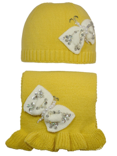 Комплект для девочки Весенняя сказка, Миалт желтый/белый - Комплект: шапочки и шарф