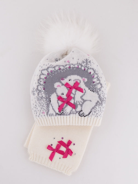 Комплект для девочки Плюшевые мишки, Миалт белый/светло-серый, зима - Комплекты: шапка и шарф