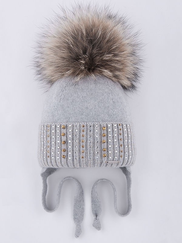 Шапка для девочки Сабина, Миалт светло-серый/золото, зима - Шапки с меховым помпоном