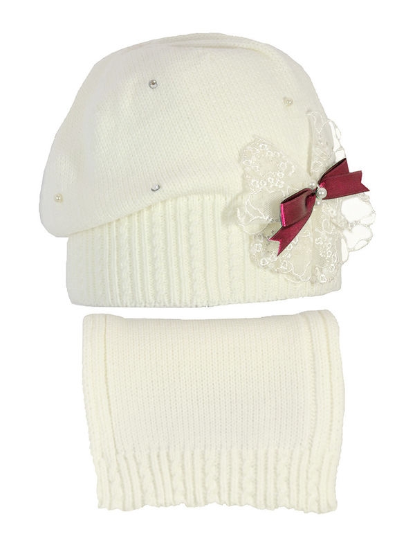 Комплект для девочки Люси, Миалт молочный/красный, весна-осень - Комплект: шапочки и шарф