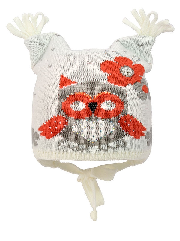 Шапка для девочки Совушка, Миалт молочный/бежевый, зима - Шапочки на завязках