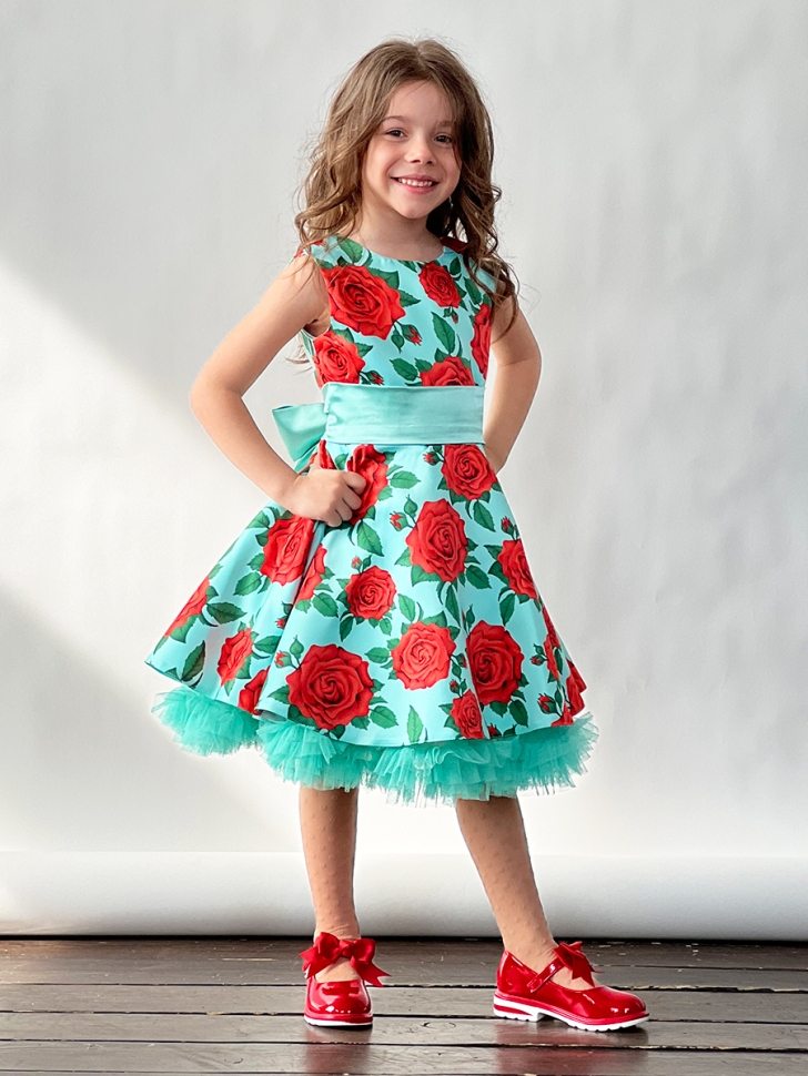 Платье для девочки нарядное БУШОН ST30, стиляги цвет зеленый/красный, принт цветы - Платья СТИЛЯГИ