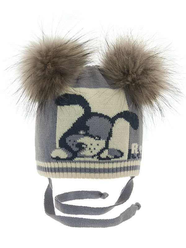 Шапка для мальчика Рекс, Миалт светло-желтый/светло-серый, зима SLMM3 - С меховым помпоном