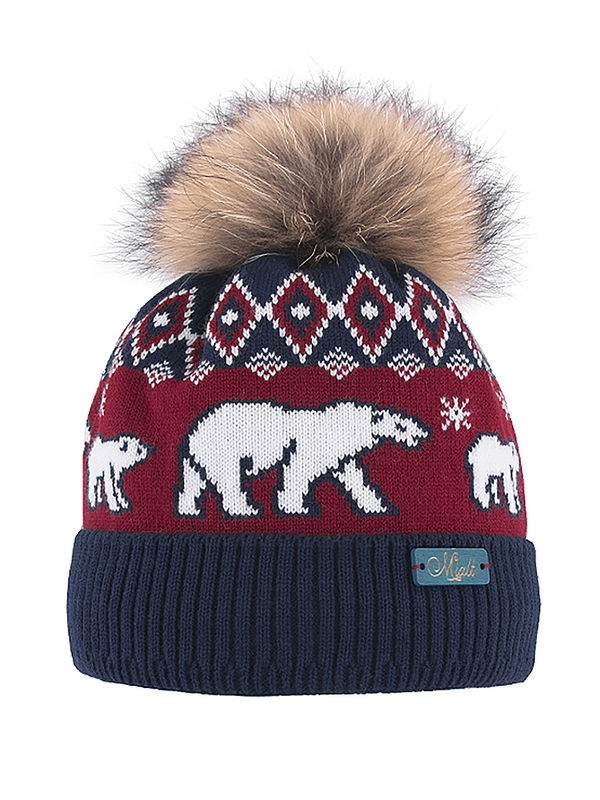 Шапка для мальчика Эльбрус, Миалт темно-синий/винный, зима - С меховым помпоном