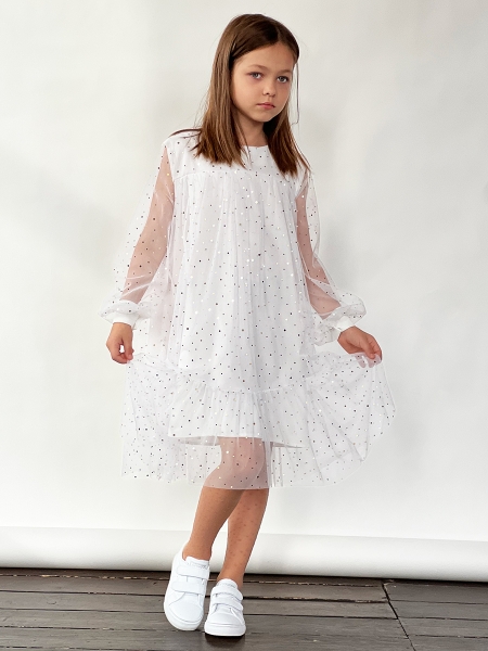 Платье для девочки нарядное БУШОН ST53, цвет белый блестки - Платья коктельные / вечерние