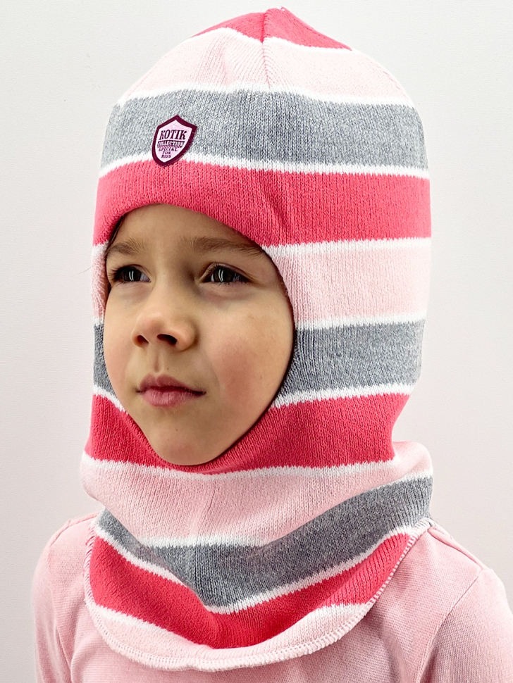 Шапка-шлем для девочки зима, скб розовый+св.серый+коралл - Шапки-шлемы зима-осень