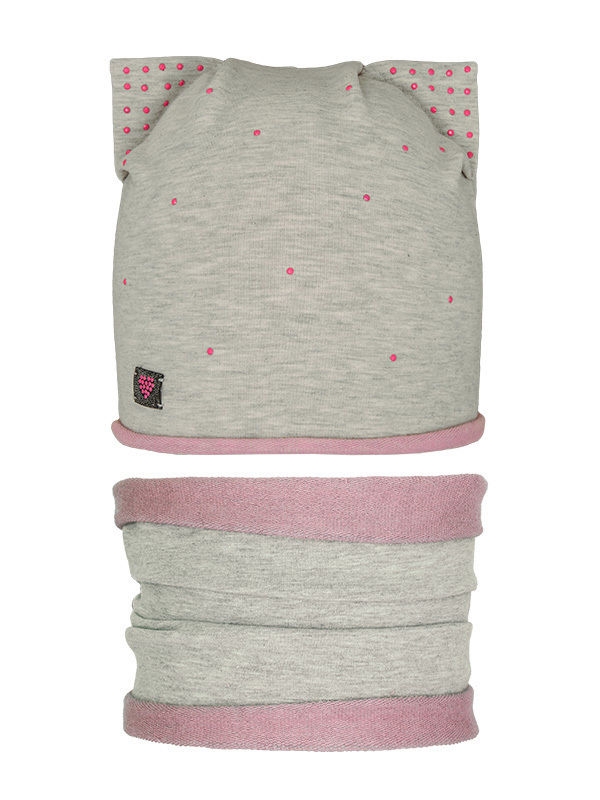 Комплект для девочки Баловница, Миалт серый/меланж/розовый, весна-осень-лето - Комплект: шапочки и шарф