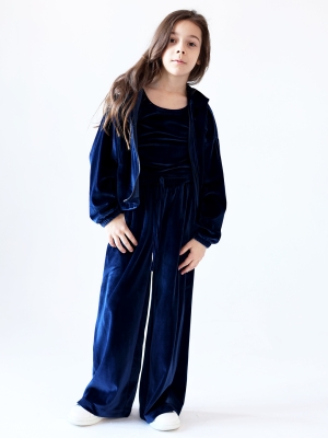 Костюм для девочки из велюра БУШОН SP223, цвет темно-синий/капюшон