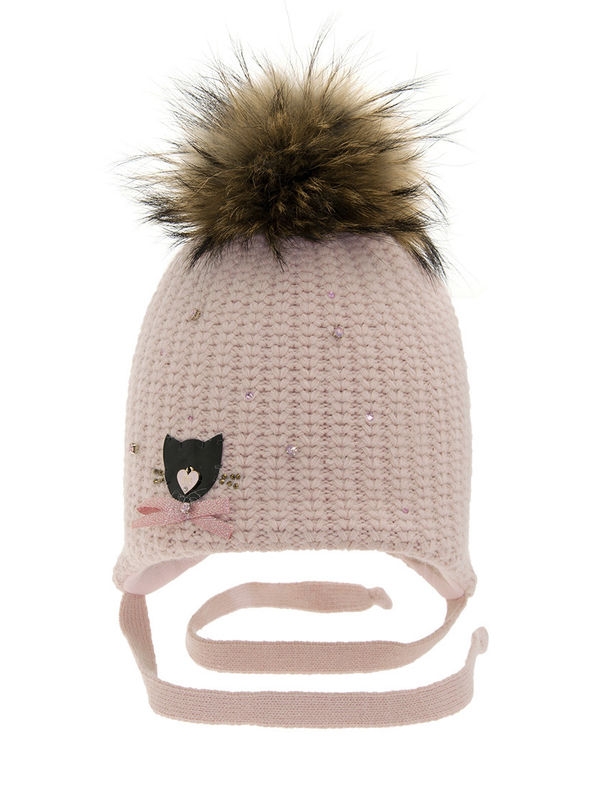 Шапка для девочки Мурляшка, Миалт пудровый, зима - Шапки с меховым помпоном