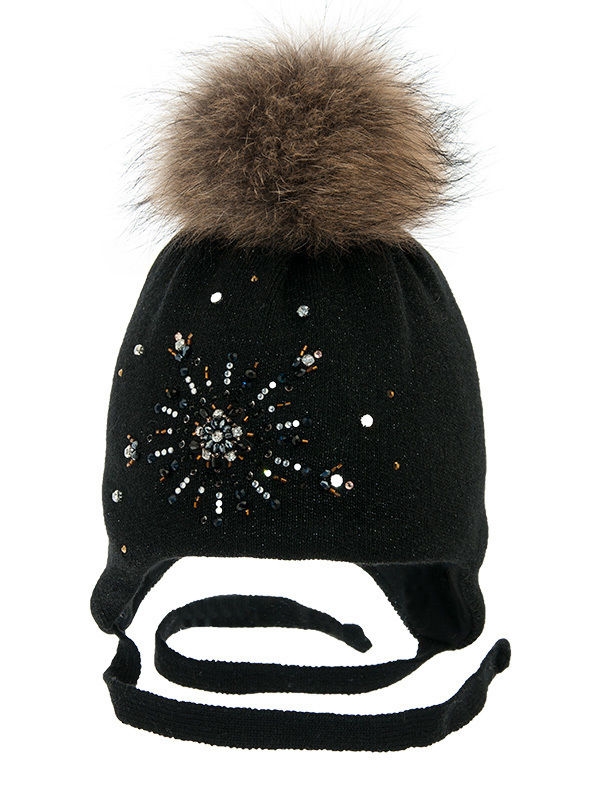 Шапка для девочки Сокровище, Миалт черный, зима - Шапки с меховым помпоном