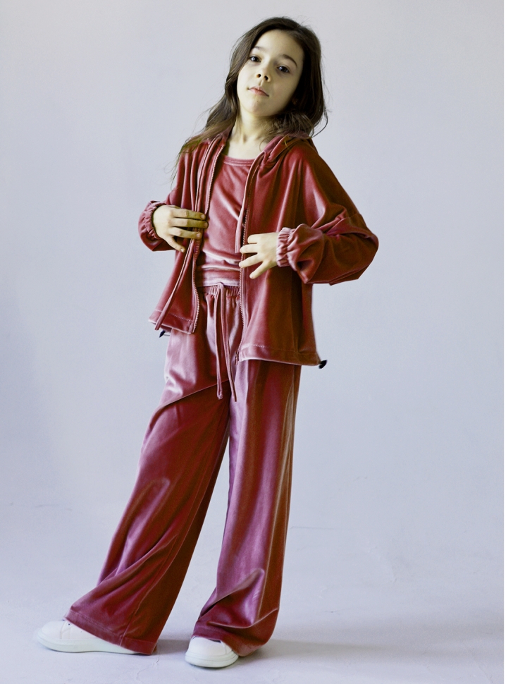 Костюм для девочки из велюра БУШОН SP223, цвет бордовый/капюшон - 