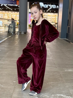 Костюм для девочки из велюра БУШОН SP223, цвет бордовый/капюшон