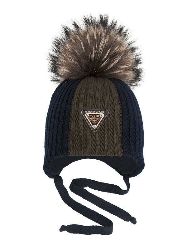 Шапка для мальчика Трек, Миалт синий/меланж/коричневый, зима - С меховым помпоном