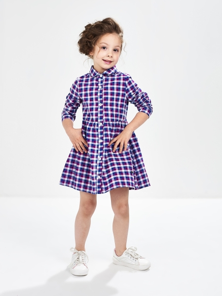 Платье для девочек Mini Maxi, модель 6726, цвет синий/лиловый/клетка - Платья для девочек с длинным рукавом
