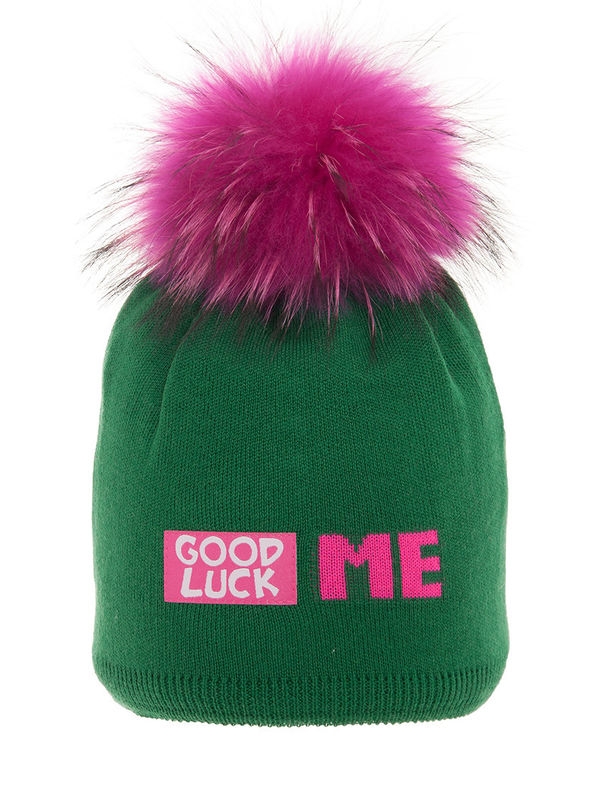 Шапка для девочки Удача, Миалт зеленая/хвоя - Шапки с меховым помпоном