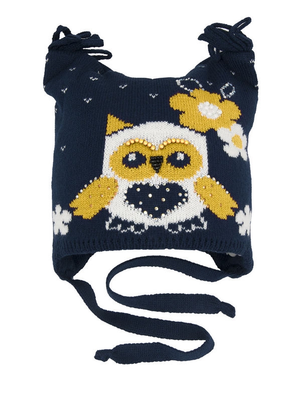 Шапка для девочки Совушка, Миалт темно-синий/молочный, зима - Шапочки на завязках