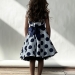 Платье для девочки нарядное БУШОН ST20, стиляги цвет белый, синий пояс, принт горох синий