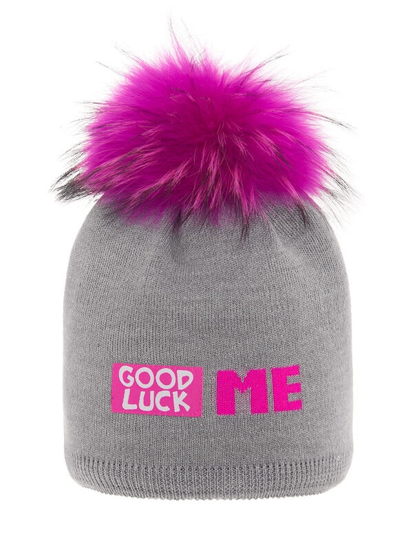 Шапка для девочки Удача, Миалт средне-серый, зима - Шапки с меховым помпоном