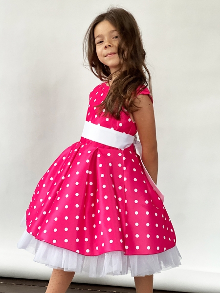 Платье для девочки нарядное БУШОН ST10, стиляги цвет ярко-розовый, белый пояс, принт горошек - Платья СТИЛЯГИ