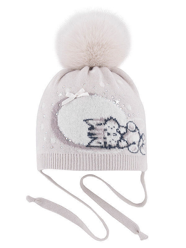 Шапка для девочки Спокойной ночи, Миалт светло-бежевый - Шапки с меховым помпоном