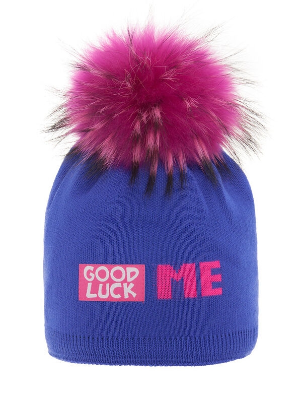 Шапка для девочки Удача, Миалт ярко-синий, зима - Шапки с меховым помпоном