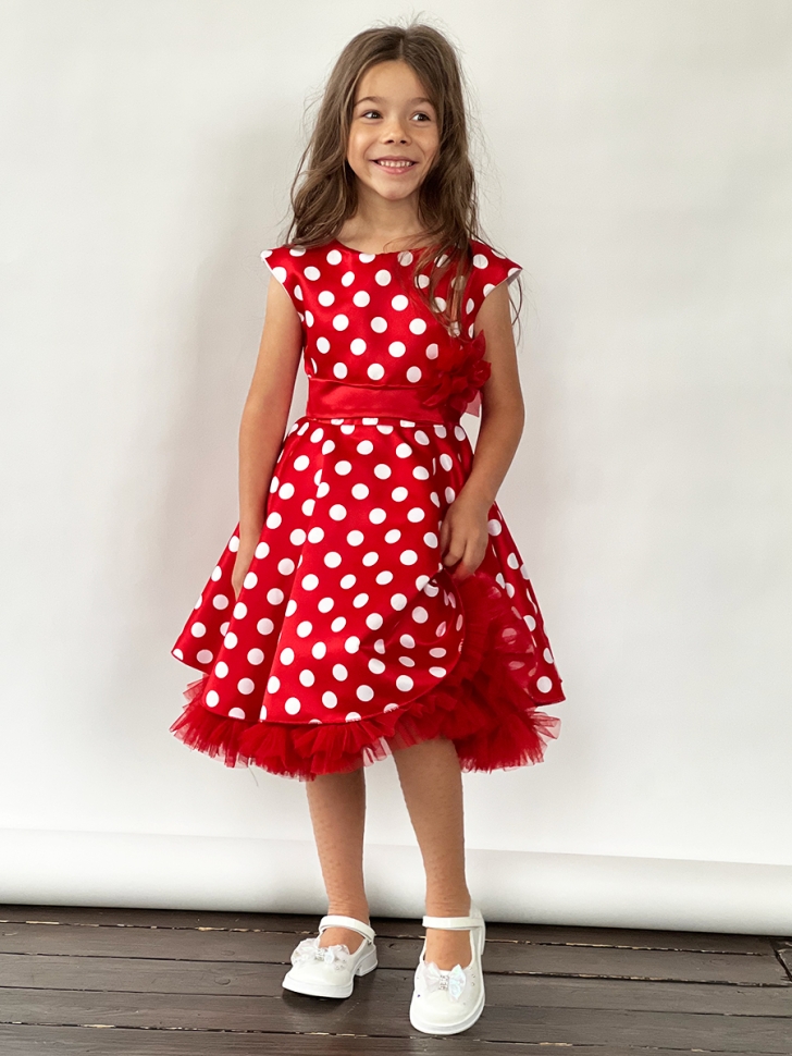 Платье для девочки нарядное БУШОН ST10, стиляги цвет красный, красный пояс, принт горошек - Платья СТИЛЯГИ